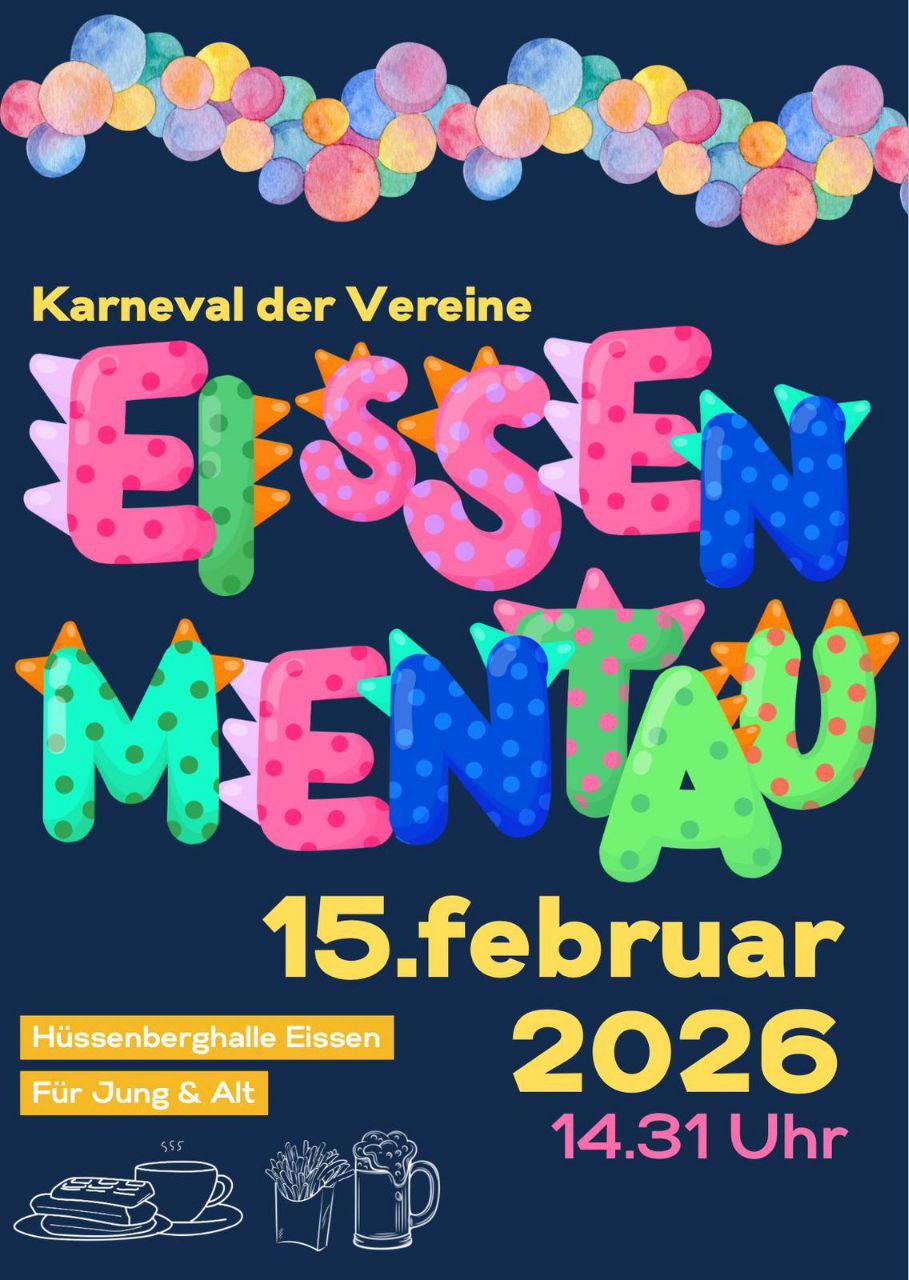 Informationsblatt zum Karneval der Vereine in Eissen am 15. Februar 2026 ab 14:31 Uhr in der Hüssenberghalle.