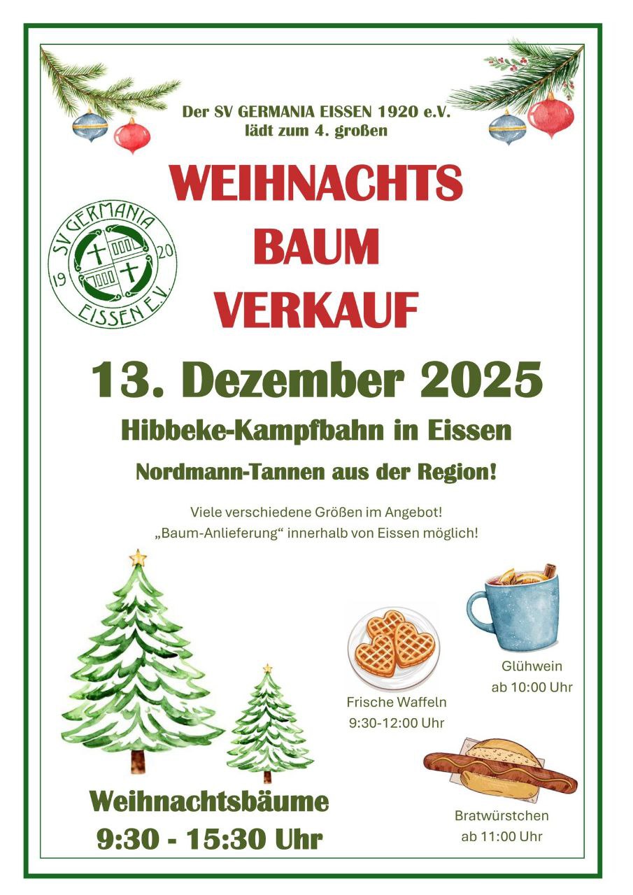 Informationsblatt zum Weihnachtsbaumverkauf in Eissen am 13. Dezember 2025.