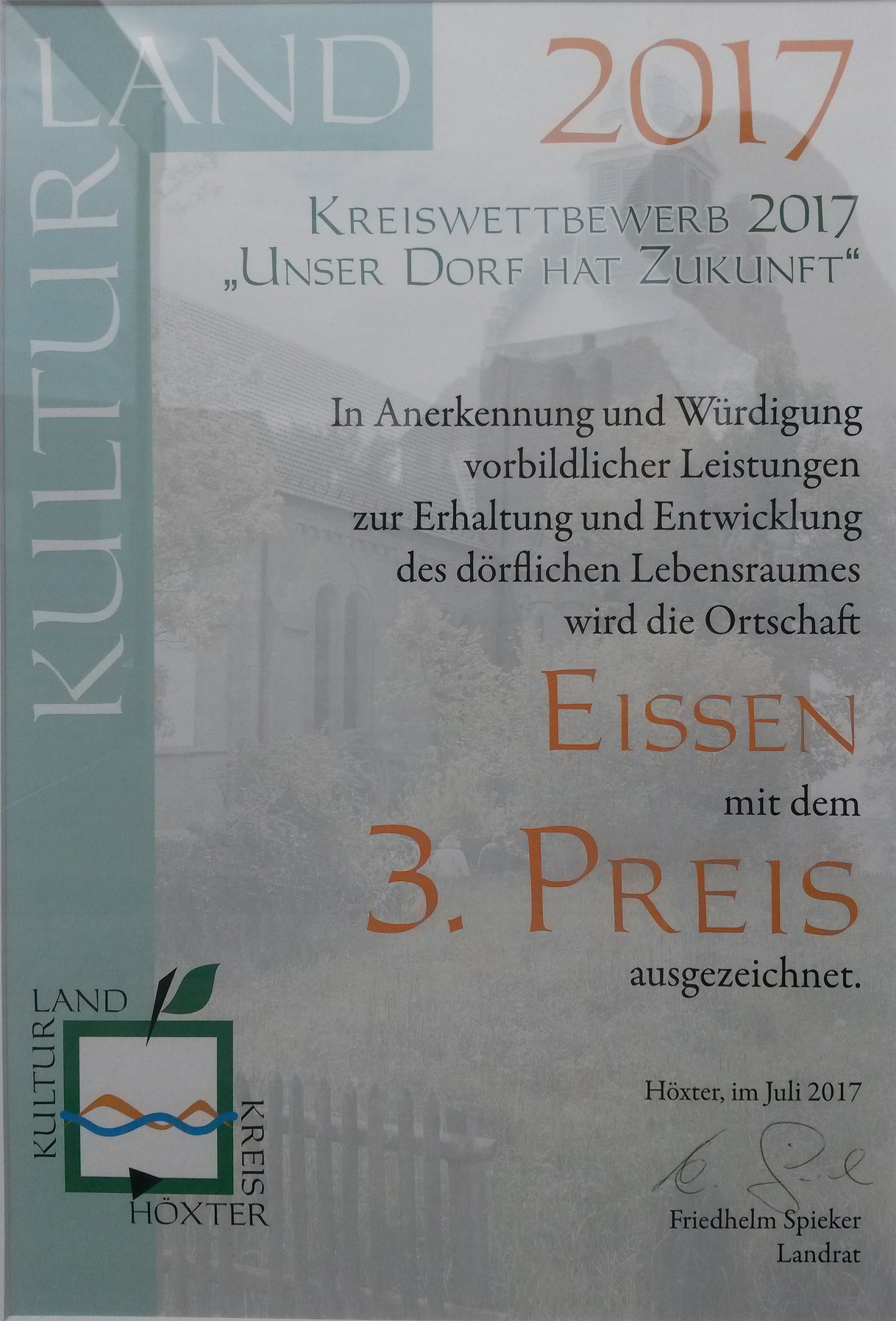 Urkunde für den 3. Paltz beim Wettberwerb Unser Dorf hat Zukunft für Eissen im Jahr 2017