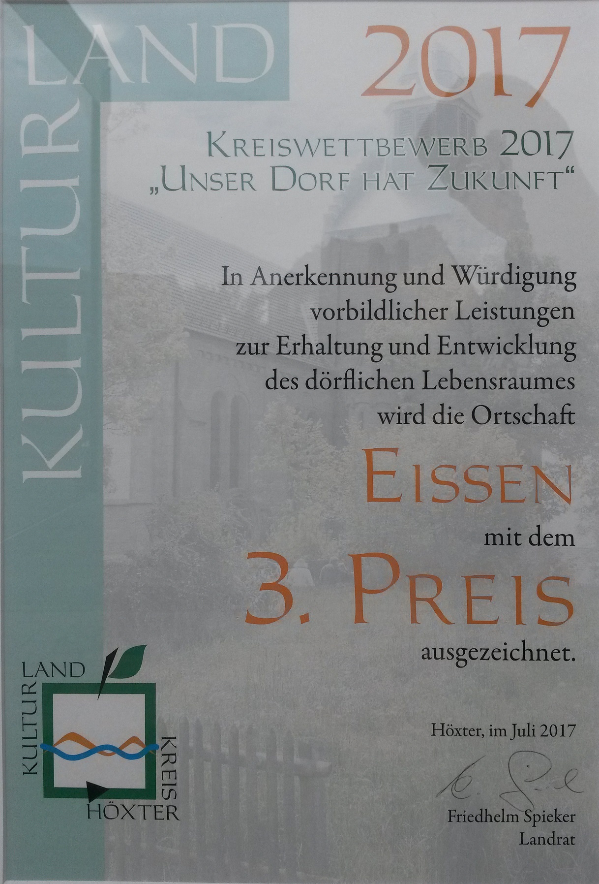 Urkunde für den 3. Paltz beim Wettberwerb Unser Dorf hat Zukunft für Eissen im Jahr 2017