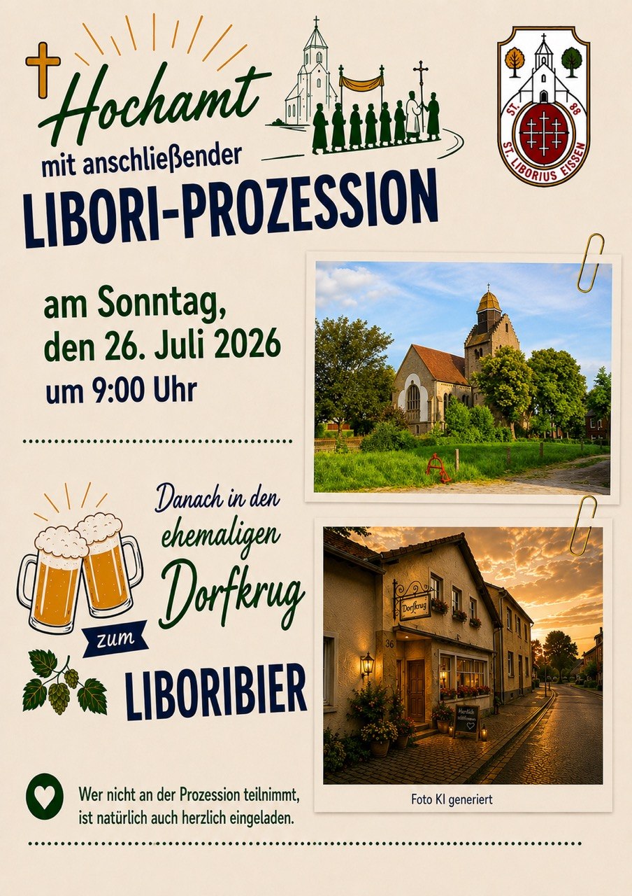 Einladungsflugblatt zur Libori-Prozession in Eissen am 26. Luli 2026 um 09:00 Uhr